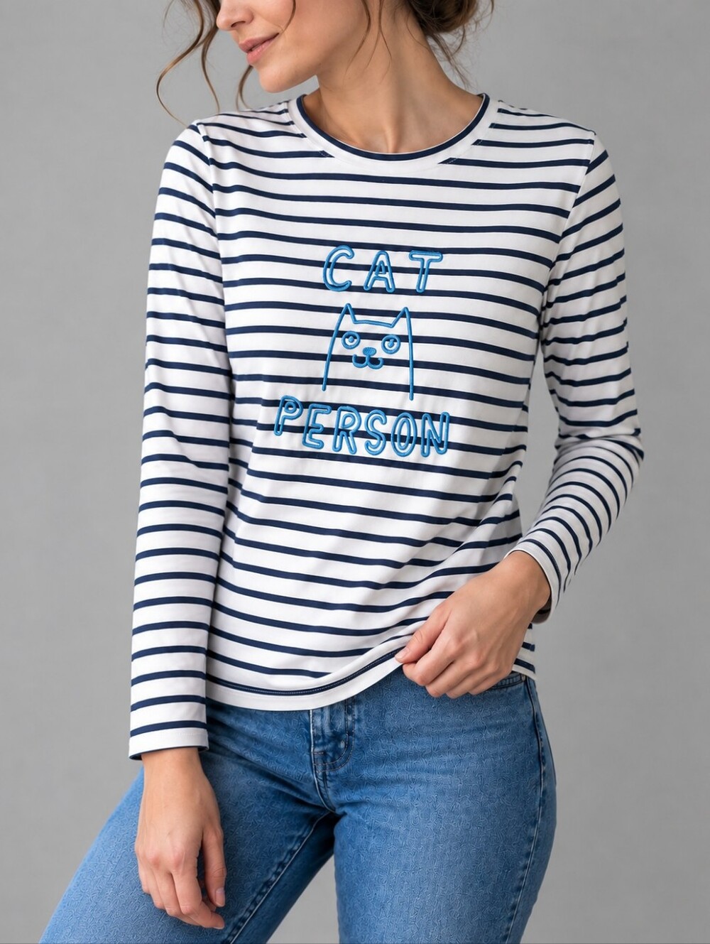 Boden Embroidered Cat Person Long Sleeve Regular T Shirt Womens Size Medium